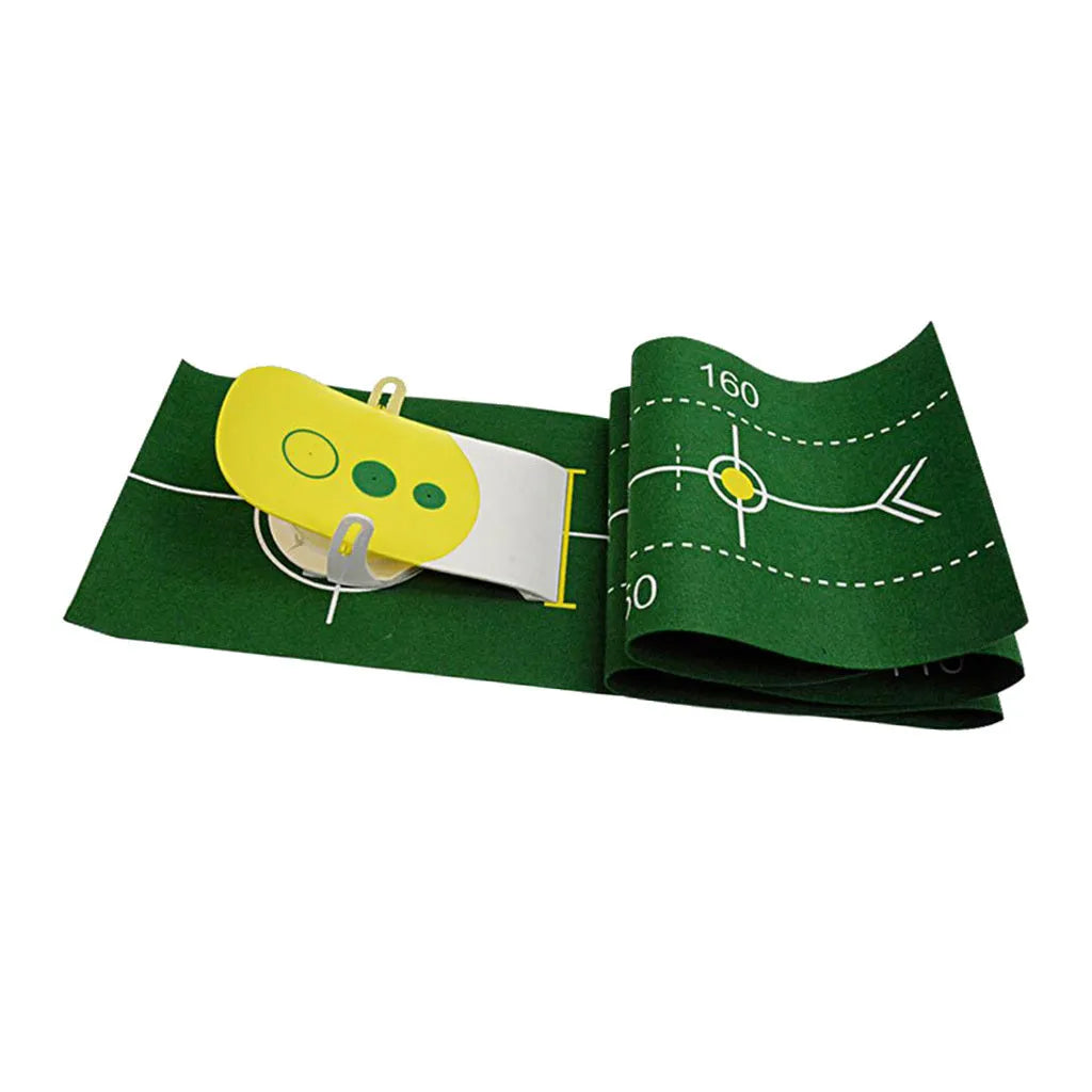Precision putter exerciser with 230cm non-woven green putting mat and simulator unit on a living room floor