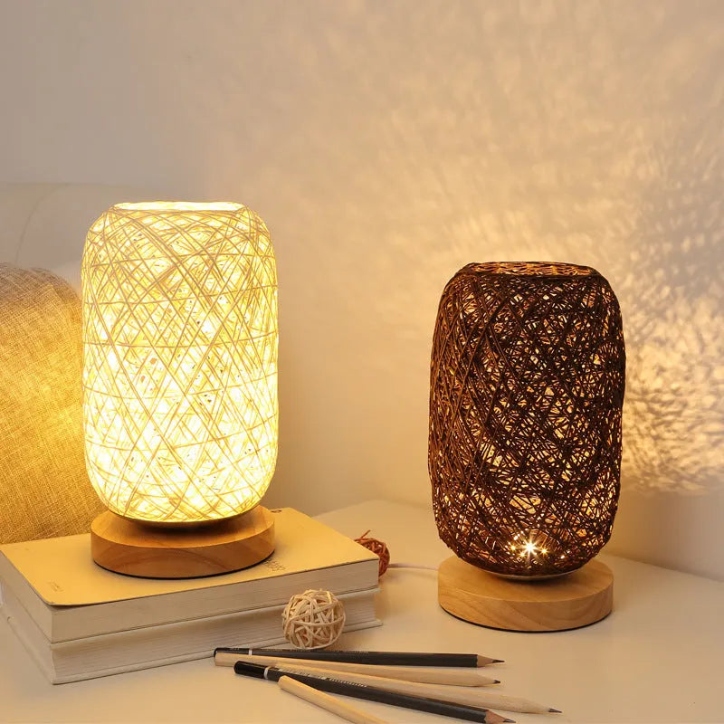 Hemp rope desk lamp with spherical shade on solid wood base