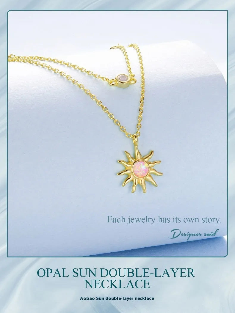 925 silver double-layer O-shaped chain necklace with sun motif pendant in gold opal finish