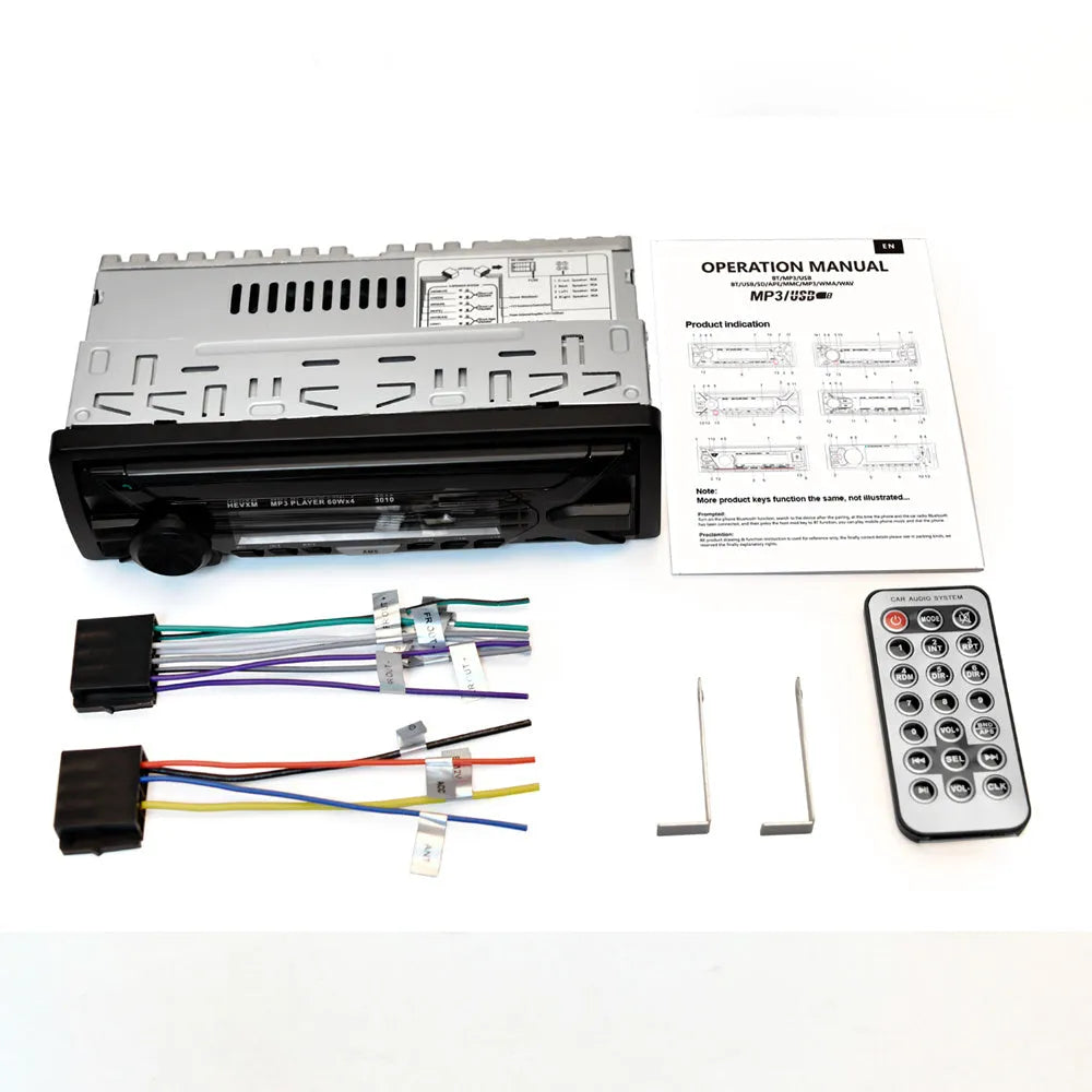 Single DIN car stereo with LCD display, USB port, and control buttons for Bluetooth and MP3 playback.