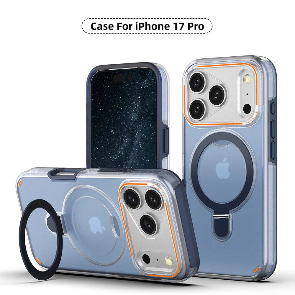 Magnetic phone case for iPhone 17 series with anti-fingerprint back in transparent black, mounted on a vehicle navigation holder.