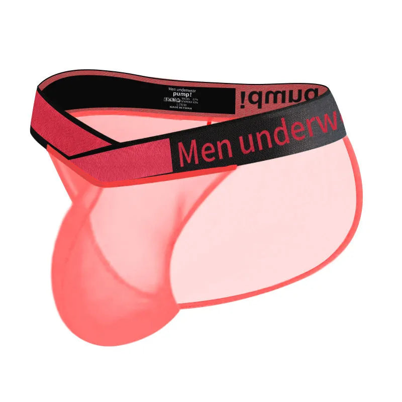 Men's black nylon briefs showing low waist and large V gradient high fork design