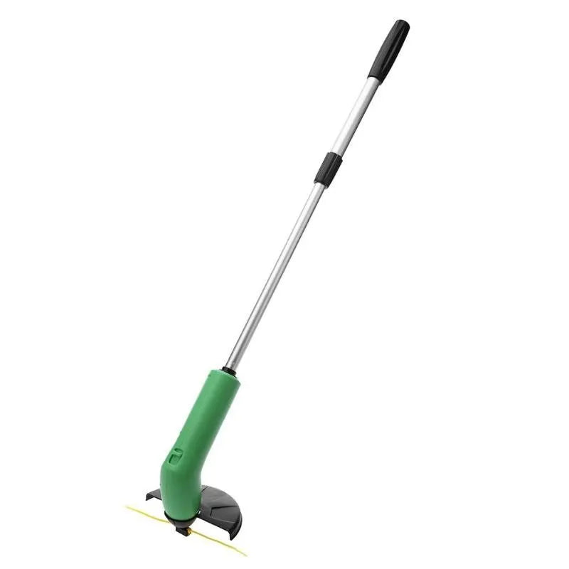 Cordless lawn trimmer with ABS nylon body, 37.5cm length, extension pole, and protective debris shield for garden weeding