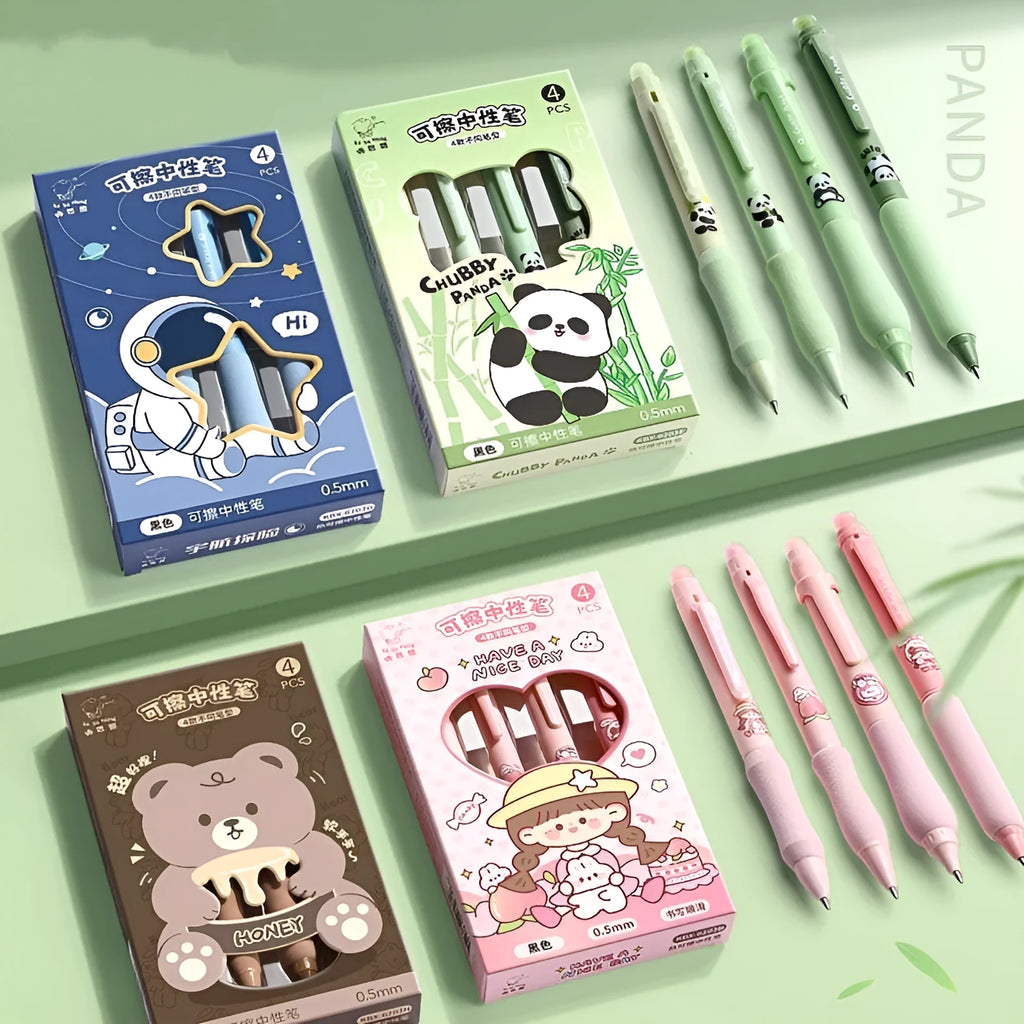 Erasable cartoon-themed gel pen with press button and 0.5mm tip in black and blue options.