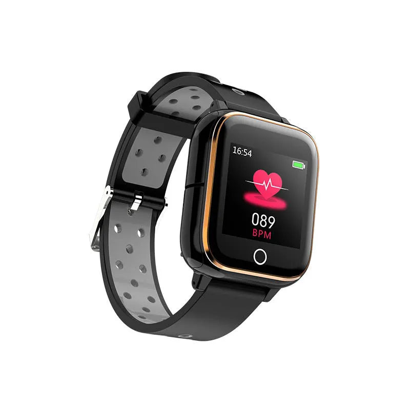 Black smart watch with touchscreen displaying fitness stats, with Bluetooth earbuds docked in the watch case.