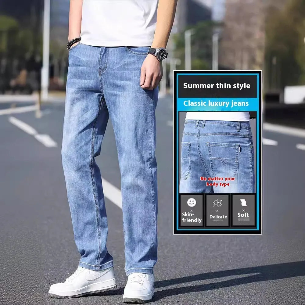 Thin stretch business casual tapered trousers in cotton denim fabric