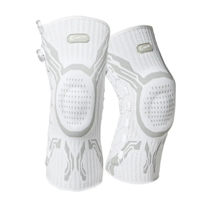 Grey and white sports knee pad for adult men and women, shown in size L.