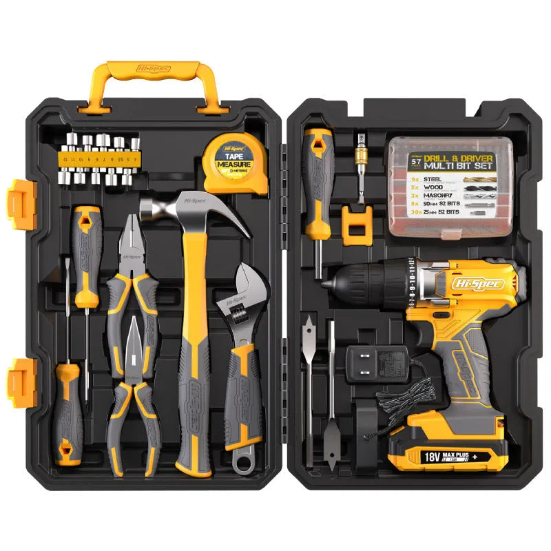 Grey yellow US style tool kit case open to show 82 chrome-vanadium steel tools for furniture installation.