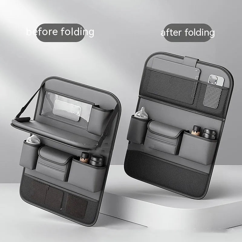 Car seat back storage bag with foldable dining table in waterproof leather construction