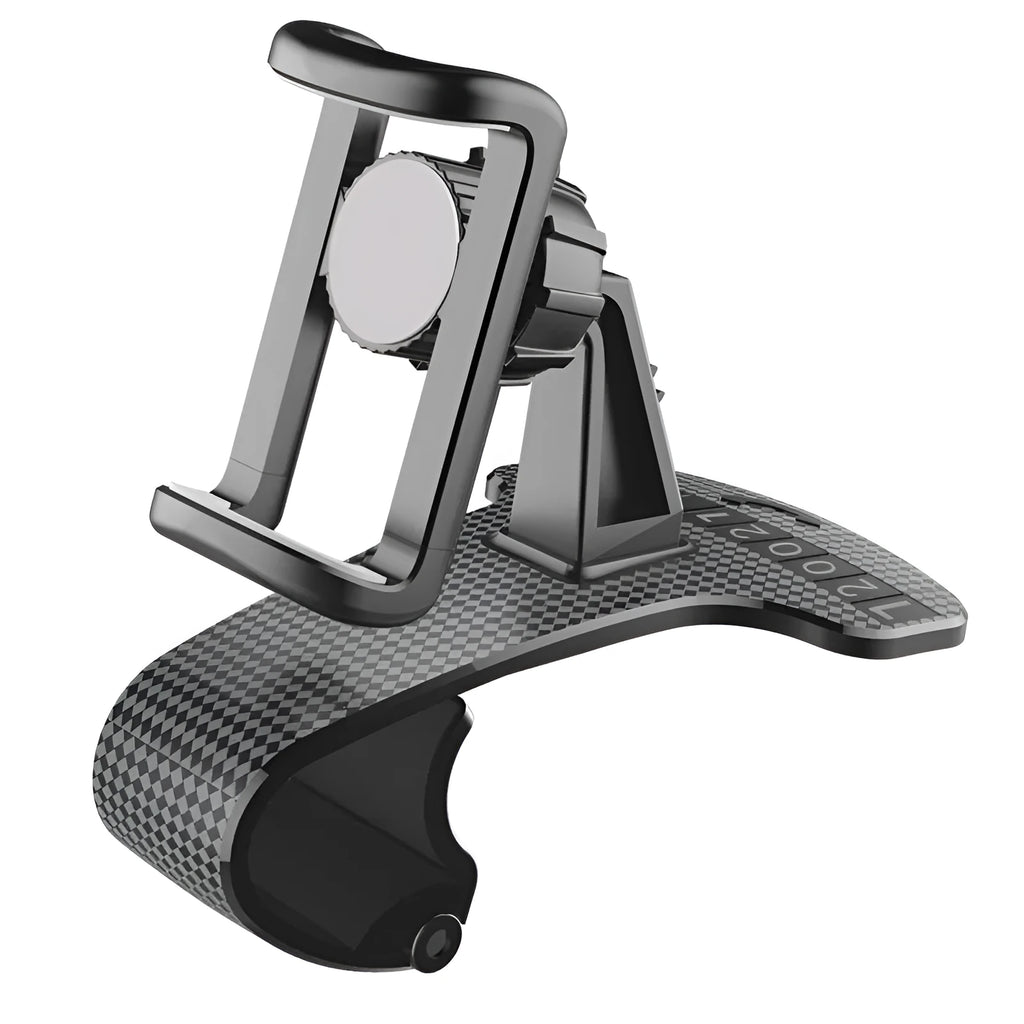 Black car phone holder with adjustable arms and a 360-degree rotating head mounted on a car air vent.