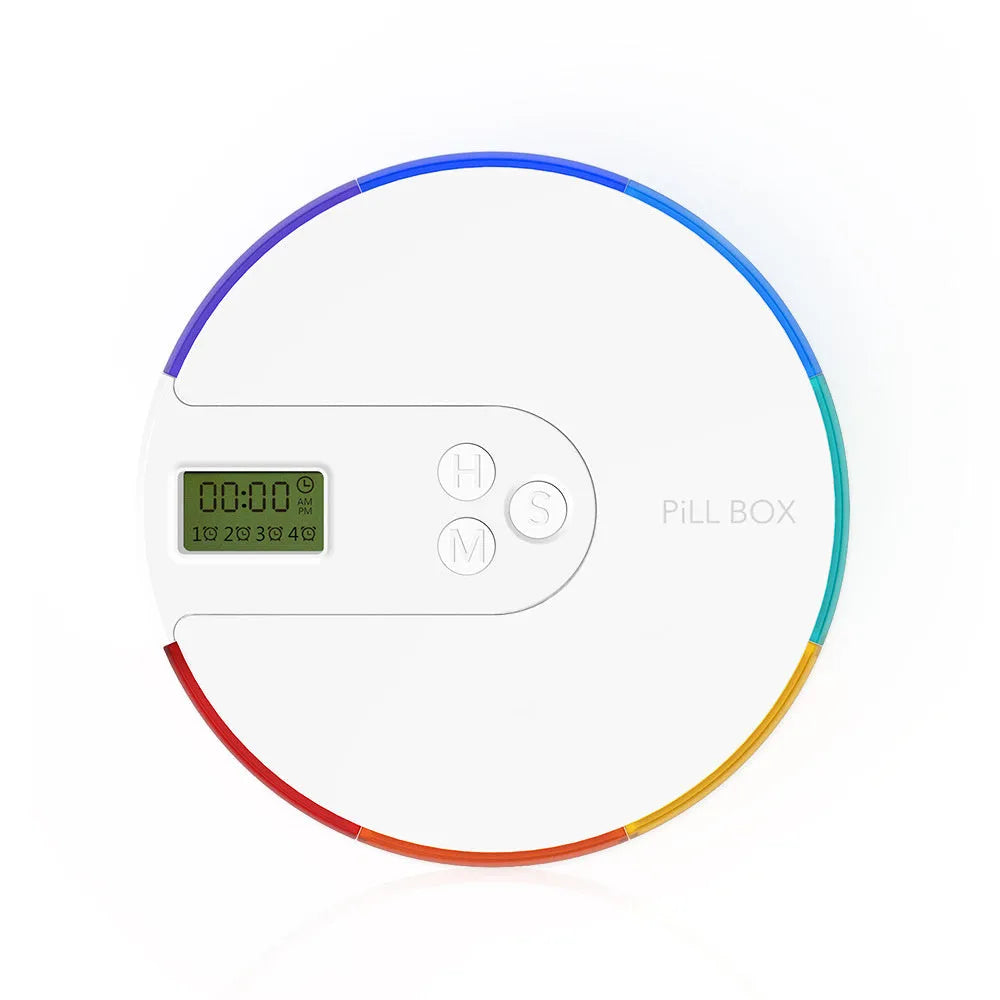 Blue seven-day electronic pill organiser with digital clock display and separate daily compartments.
