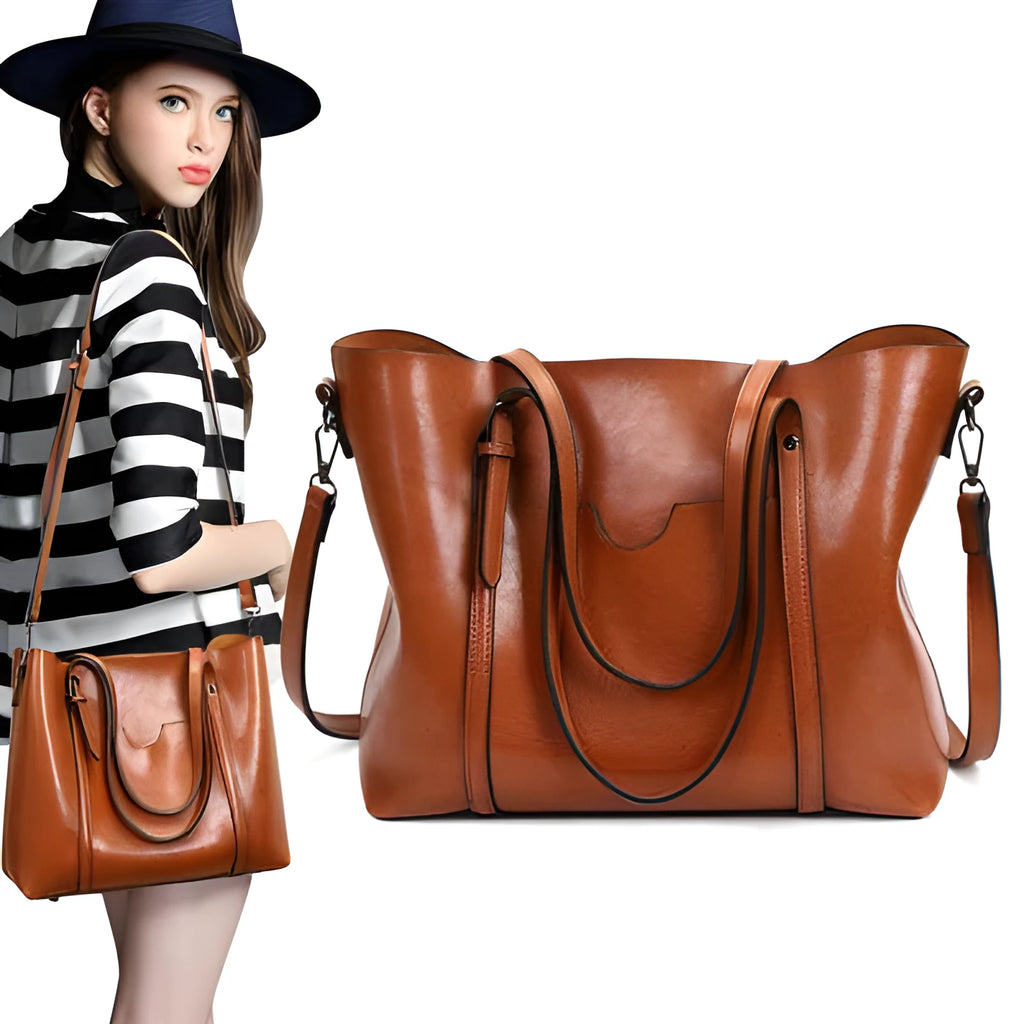 Retro-style brown PU messenger bag with flap closure and adjustable shoulder strap, shown next to an A4 magazine for scale.