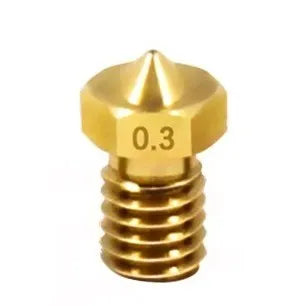 Brass 3D printer nozzle with M6 thread and multiple aperture size options from 0.2mm to 1.0mm.