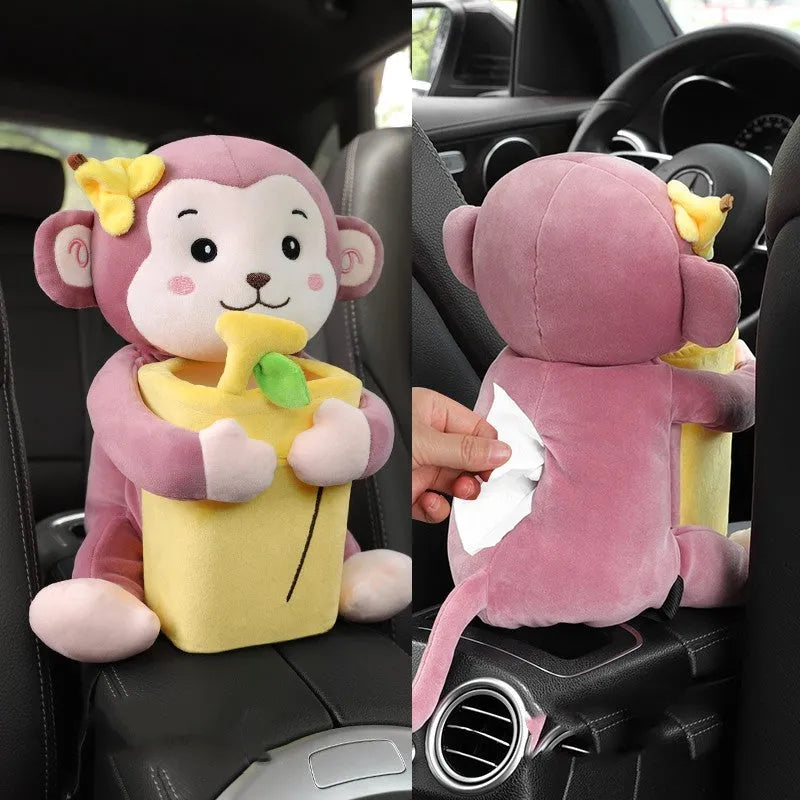 Plush car tissue box and trash can two-in-one unit in pink soft rabbit design on car centre console