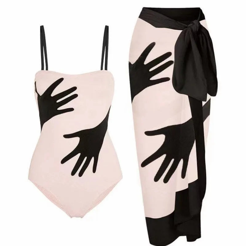 Women's one-piece bikini swimsuit with attached gauze skirt in various sizes