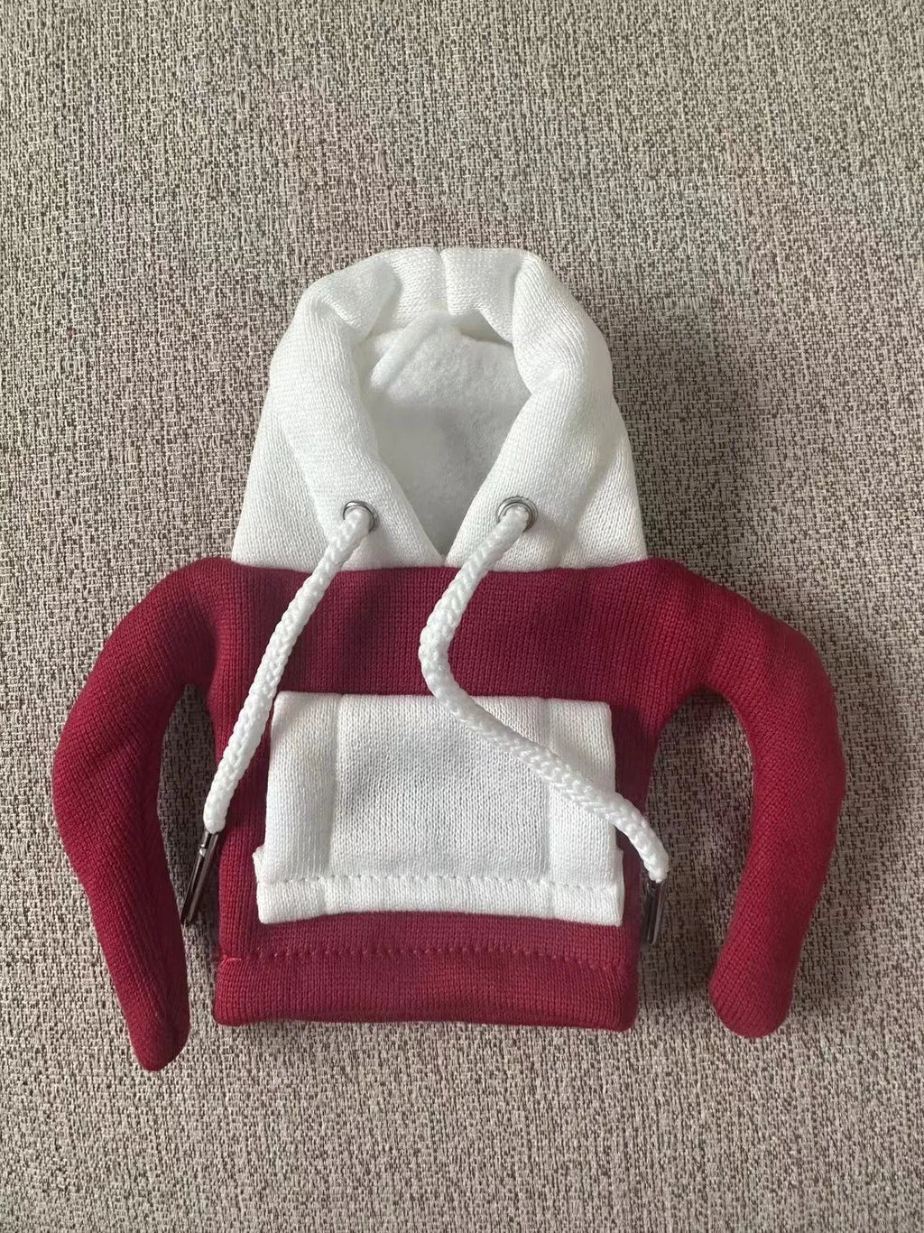 Polyester car gear lever hooded cover in red and white colour scheme measuring 12x13cm
