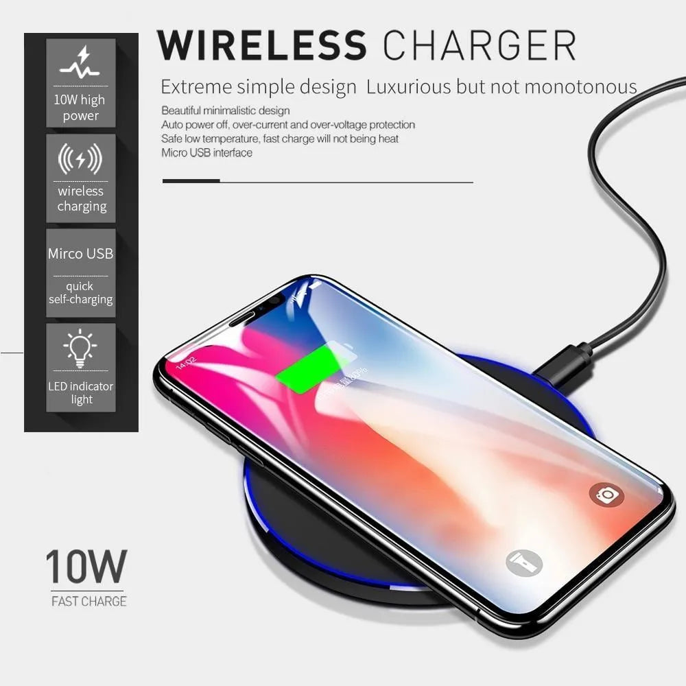 Black ultra-thin square wireless charging pad with USB cable on a desk.