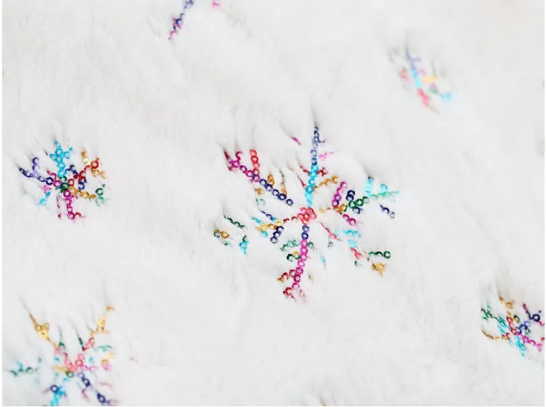 Christmas sequin embroidered tree skirt in silver on floor under decorated tree, 90cm or 122cm imitation rabbit fur polyester
