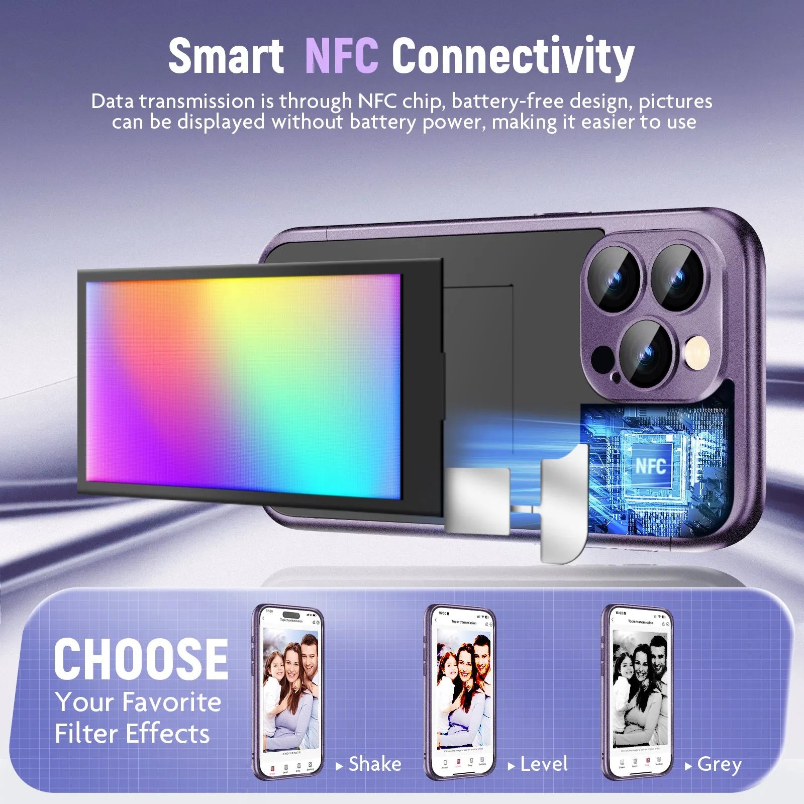 Black and Purple plastic flip phone cases for IPhone 15 Pro and Pro Max with NFC screen.