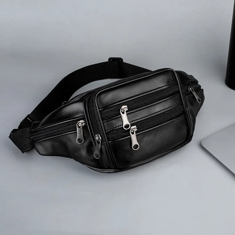 Genuine leather sports waist pack for men in black, invisible running pack with belt and zip closure