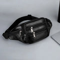 Genuine leather sports waist pack for men in black, invisible running pack with belt and zip closure