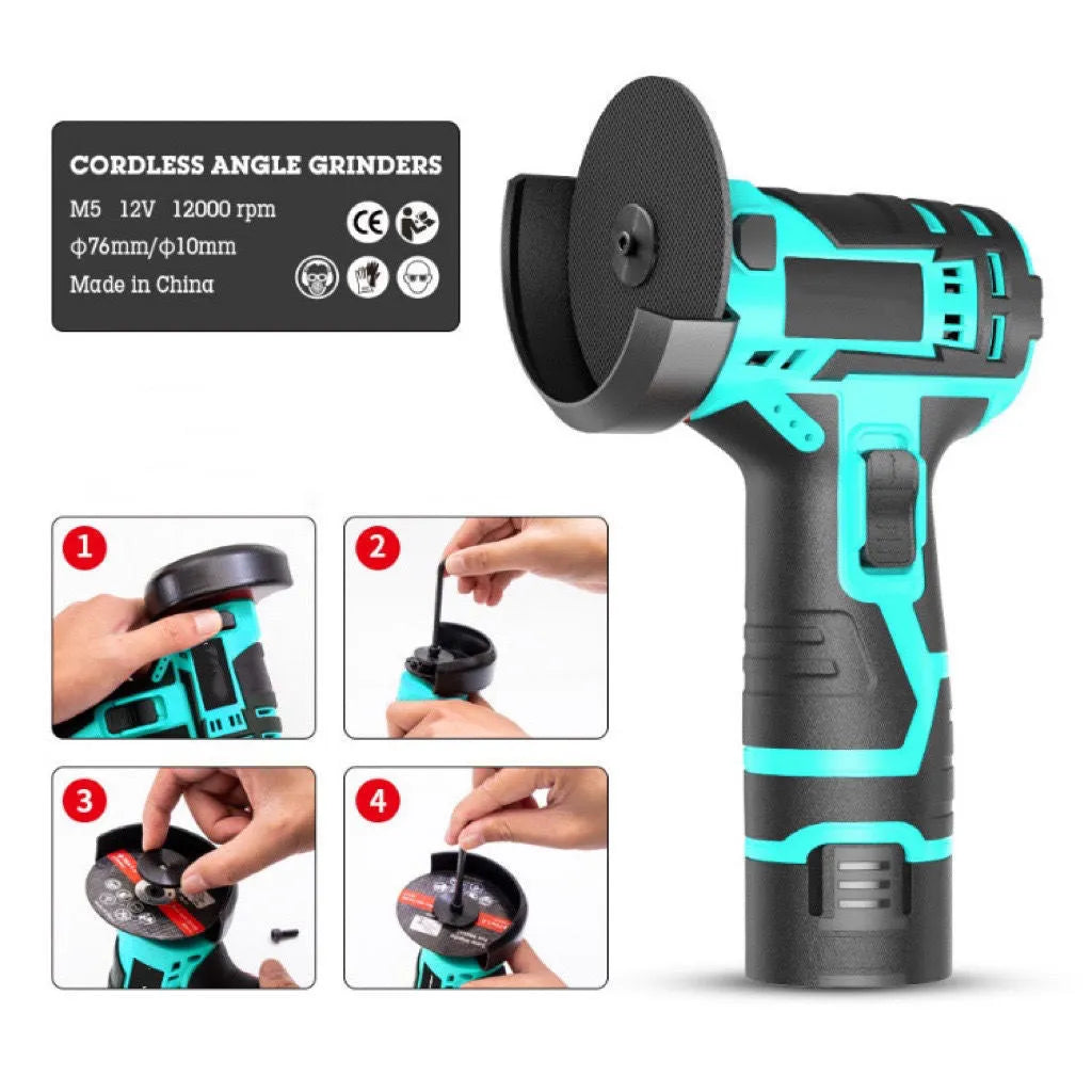 Mini 26V cordless angle grinder with lithium battery and three saw blades for cutting tiles and pipes