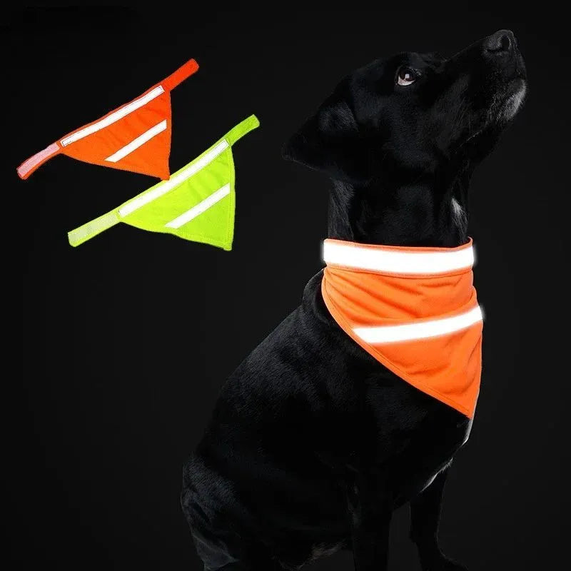 Yellow and orange reflective dog bandana with adhesive strap, shown in small, medium, and large sizes.