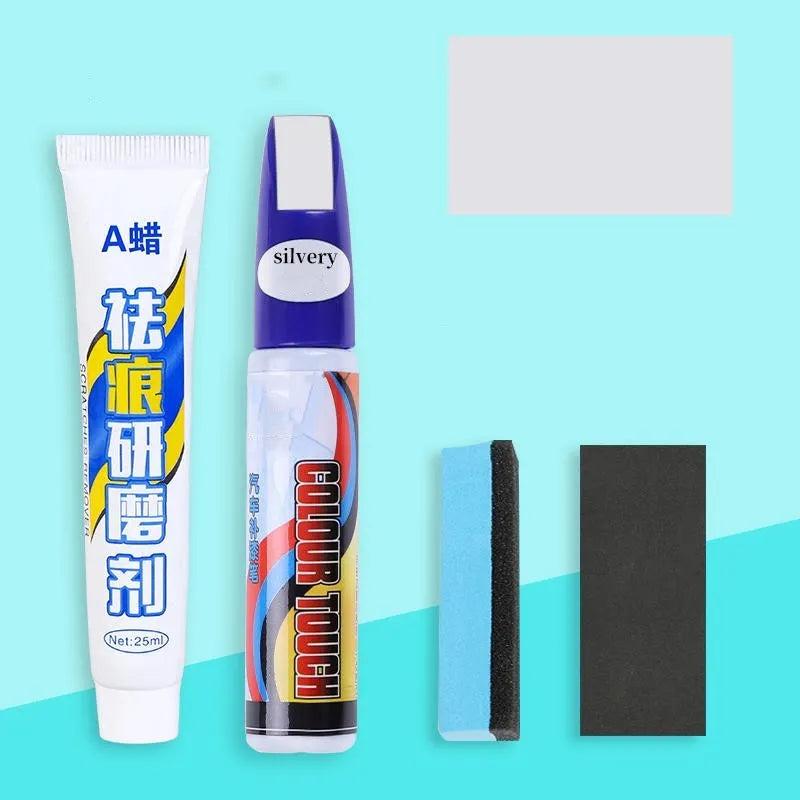Automotive scratch repair kit with paint pen, wax, sponge, sandpaper in 10 colour options
