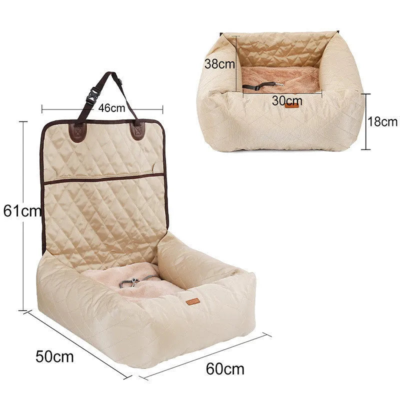 Multifunctional pet car mat and nest made of waterproof non-slip Oxford cloth for dogs, shown in beige, black, and gray options