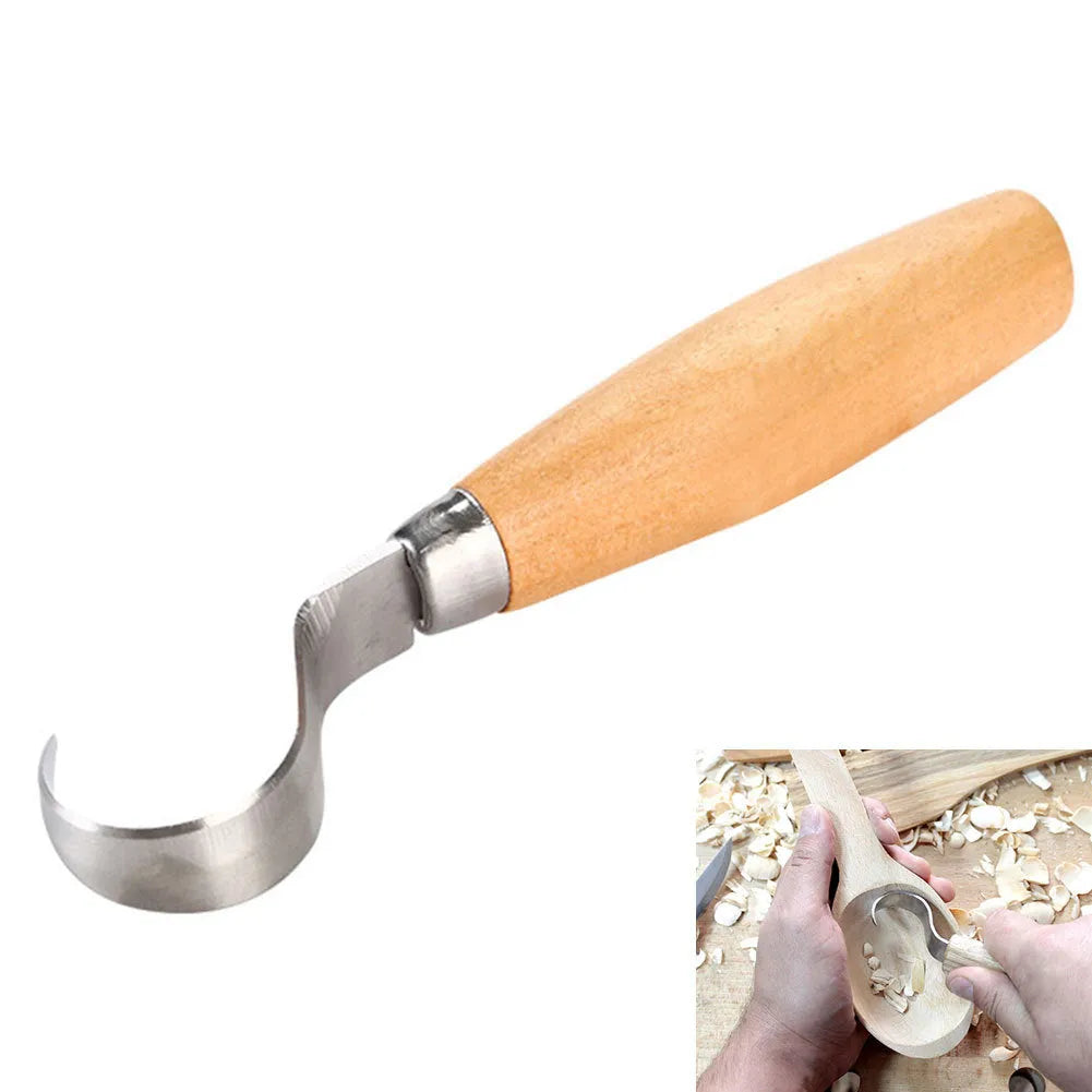 Spoon carving knife with stainless steel blade and wood handle for wood carving.