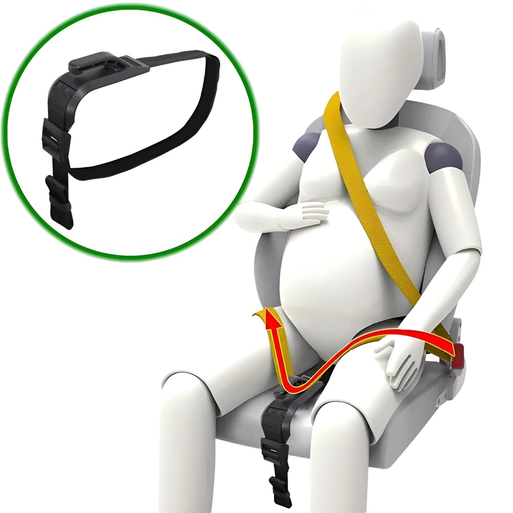 ZUWIT maternity car seat belt adjuster in white plastic attached to a seat belt, redirecting it away from the belly