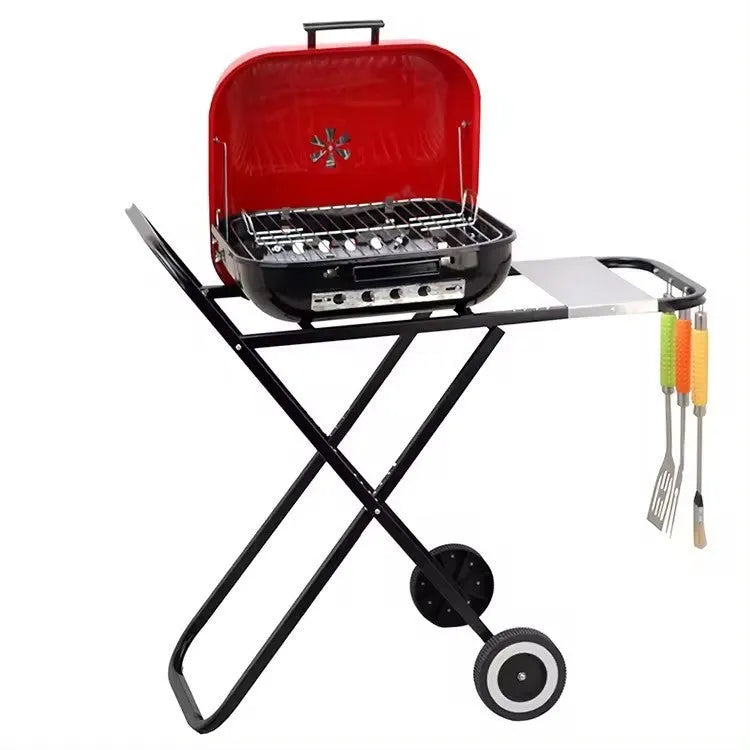 Outdoor courtyard barbecue grill with folding bicycle frame and 42.5x50cm grill plate