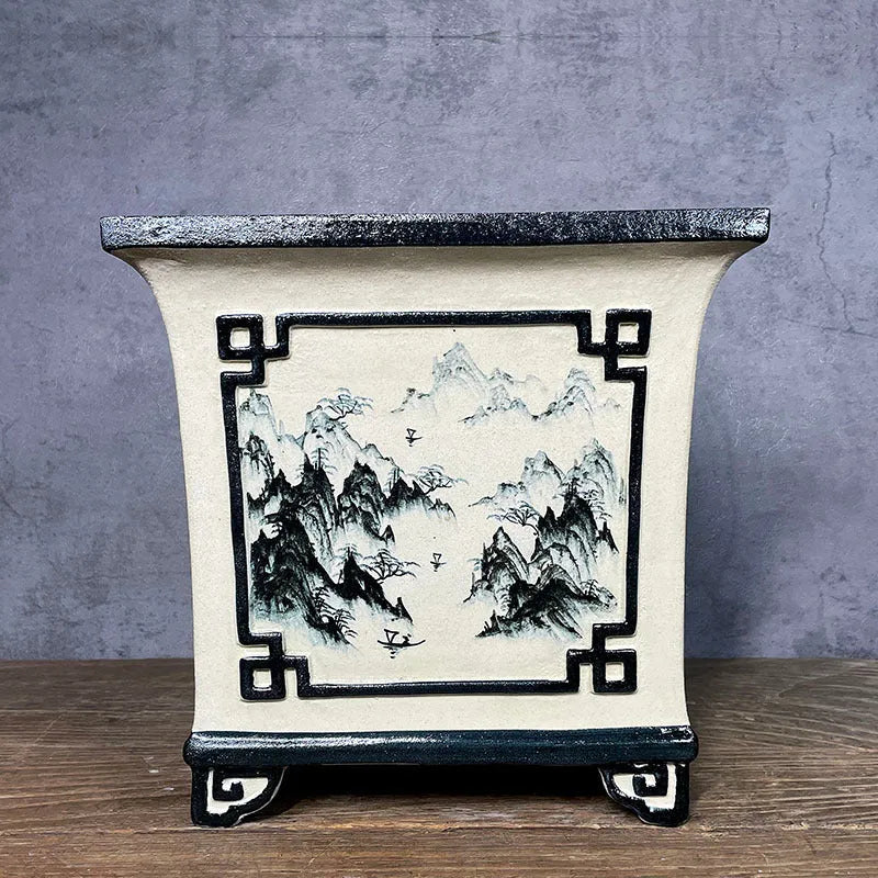 Ceramic flower pot with hand-painted landscape scenery in Chinese style, glazed finish