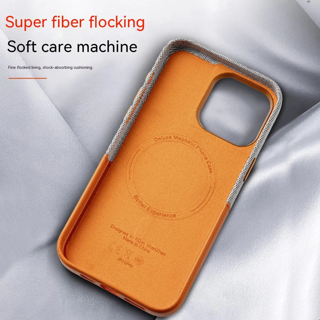 Leather magnetic card phone case for iPhone 12-15 Pro Max in black, brown, pink, orange with card slot.