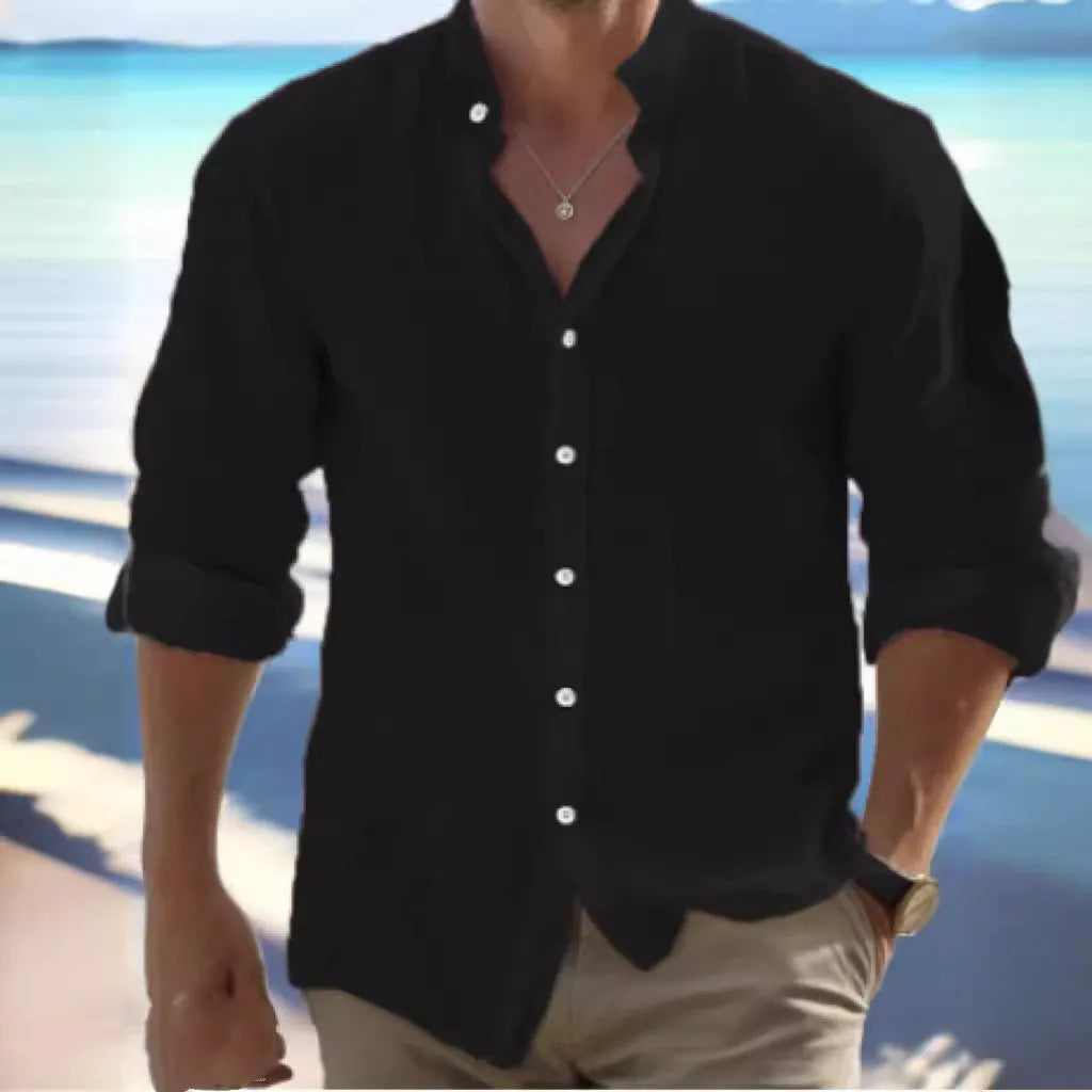 Men's long-staple cotton button summer beach shirt in light blue, showing pullover style and casual stitching detail.