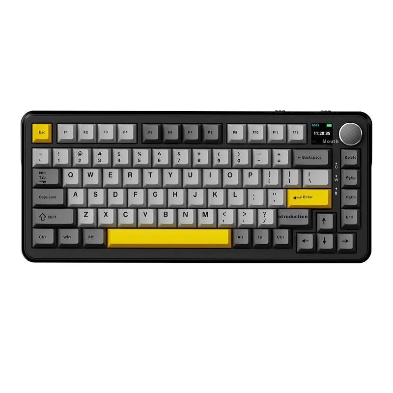 Black, grey and yellow wireless mechanical keyboard with hot-swap sockets and three connection modes