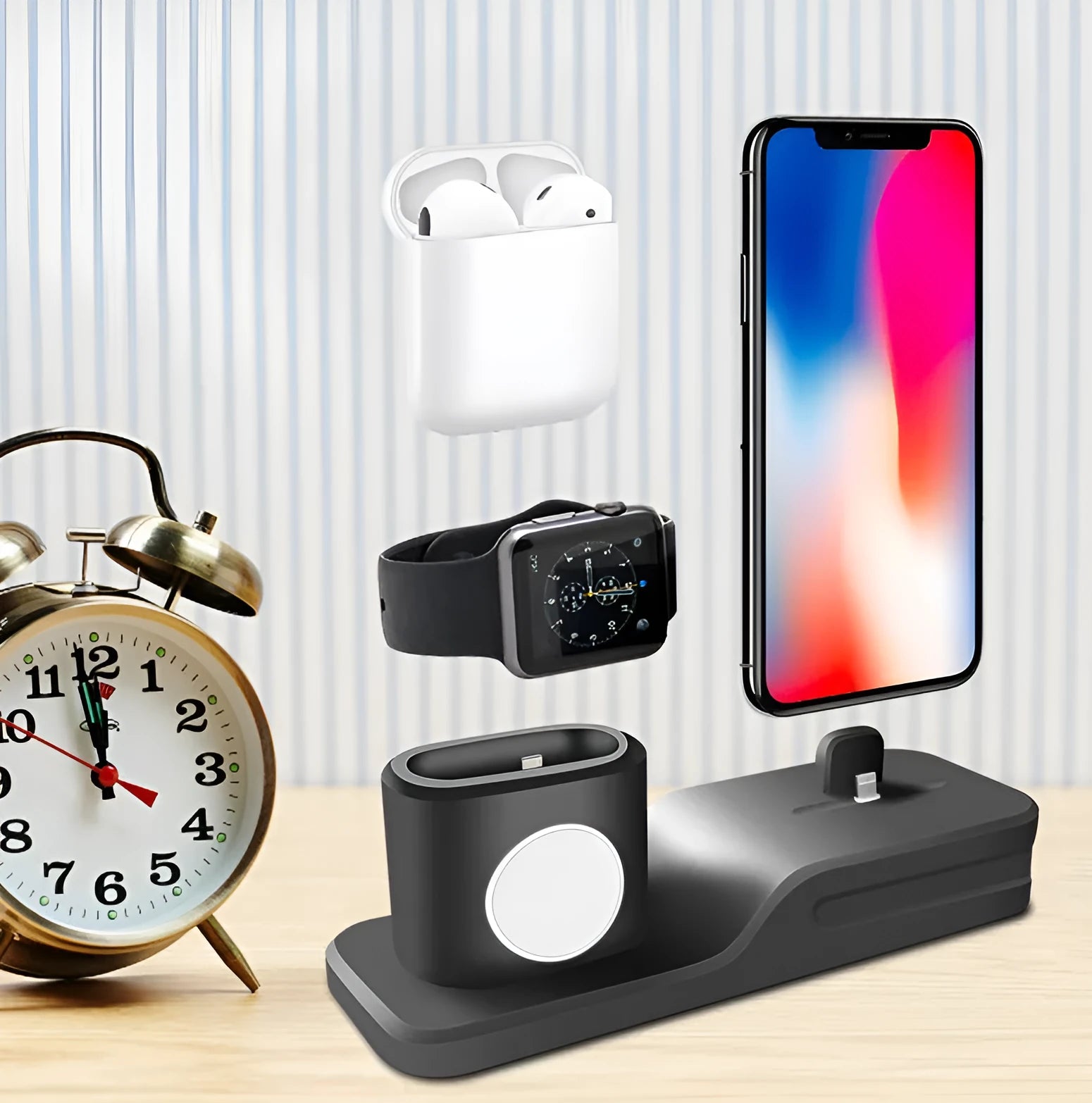 Black silicone 3-in-1 charging base for Apple iPhone, iWatch and AirPods