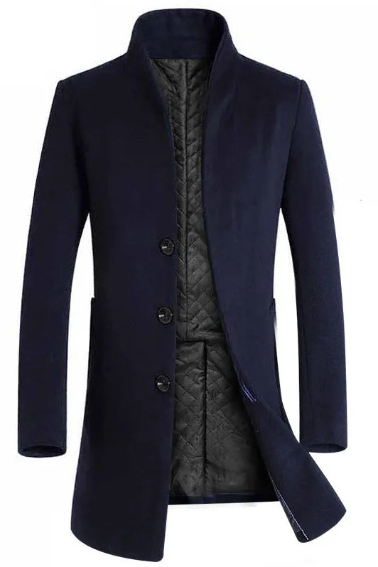 Men's long woolen trench coat in navy, black or grey with size chart from M to 5XL showing shoulder, bust, length and sleeve