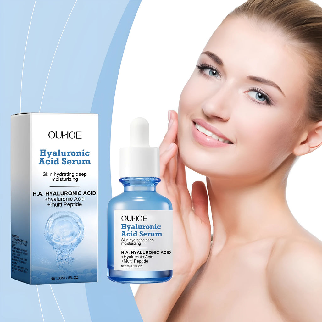 30ml facial moisturising essence in a clear bottle, 3.8 x 3.8 x 8.6 cm, with ingredients list showing glycerol and hyaluronic acid.
