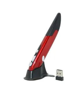 Wireless optical pen mouse in blue, red, and gray with ergonomic pen shape and 2.4 GHz USB receiver