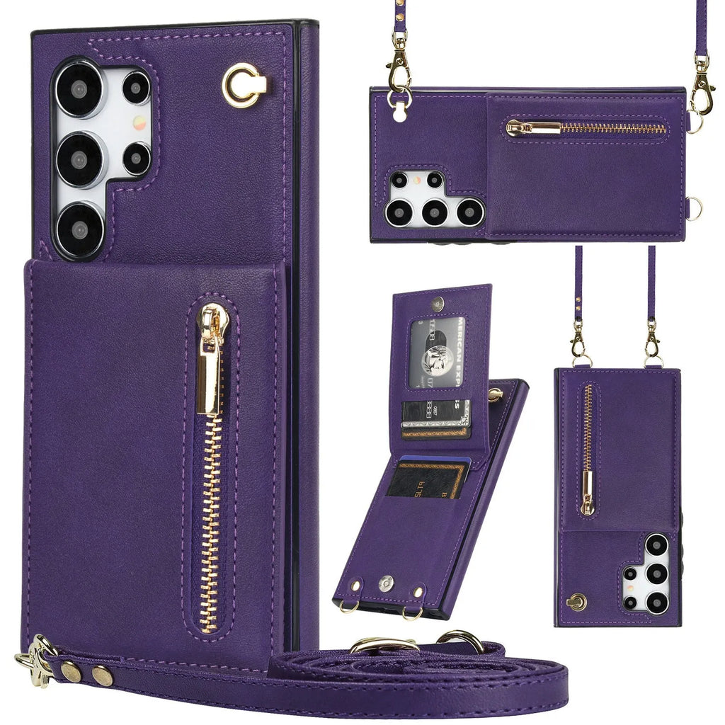 Samsung phone case with card holder slot, kickstand bracket, and crossbody zipper in black PU leather.