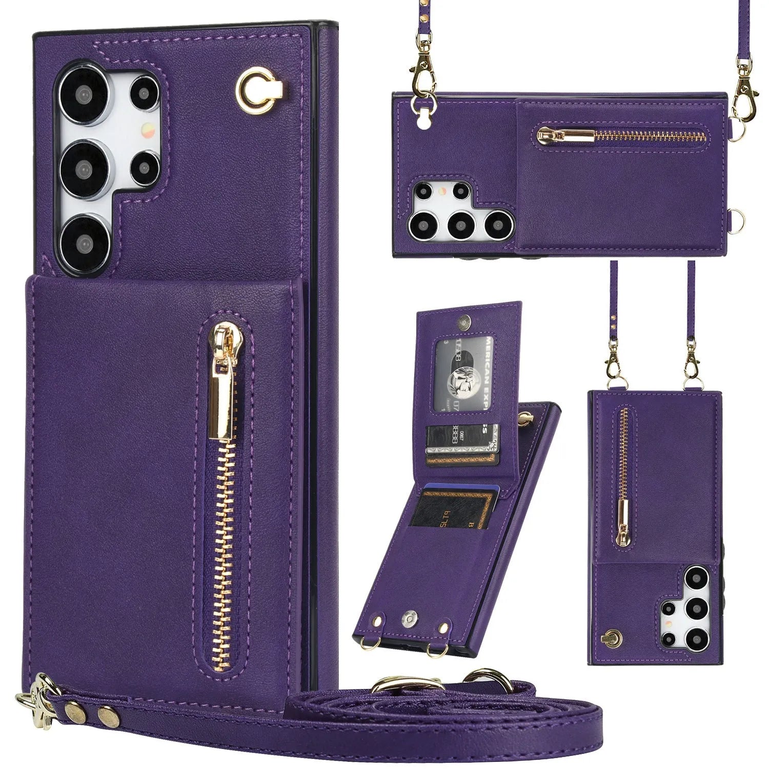 Samsung phone case with card holder slot, kickstand bracket, and crossbody zipper in black PU leather.