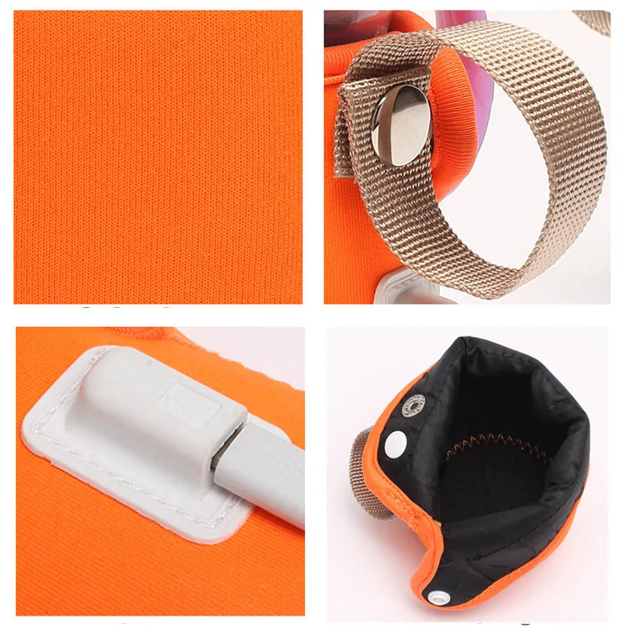 Long orange cotton USB baby bottle warmer wrapped around a milk bottle.
