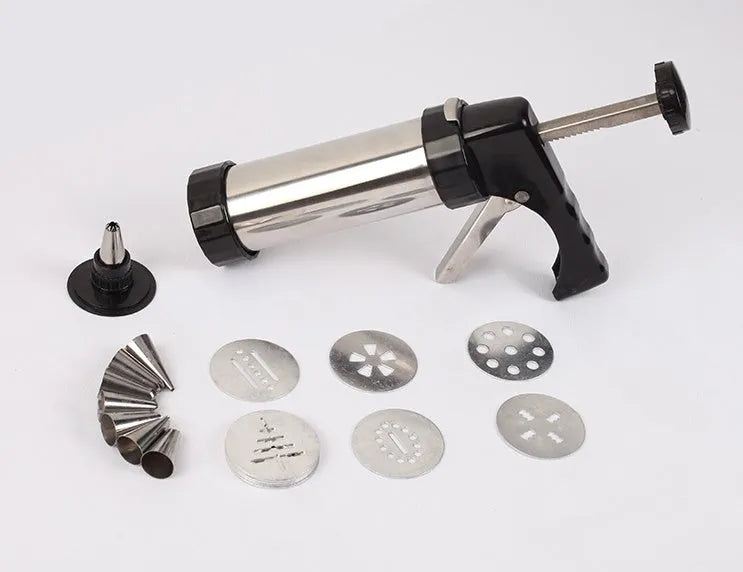 Stainless steel biscuit press with 13 moulds and 8 piping nozzles in a colour gift box
