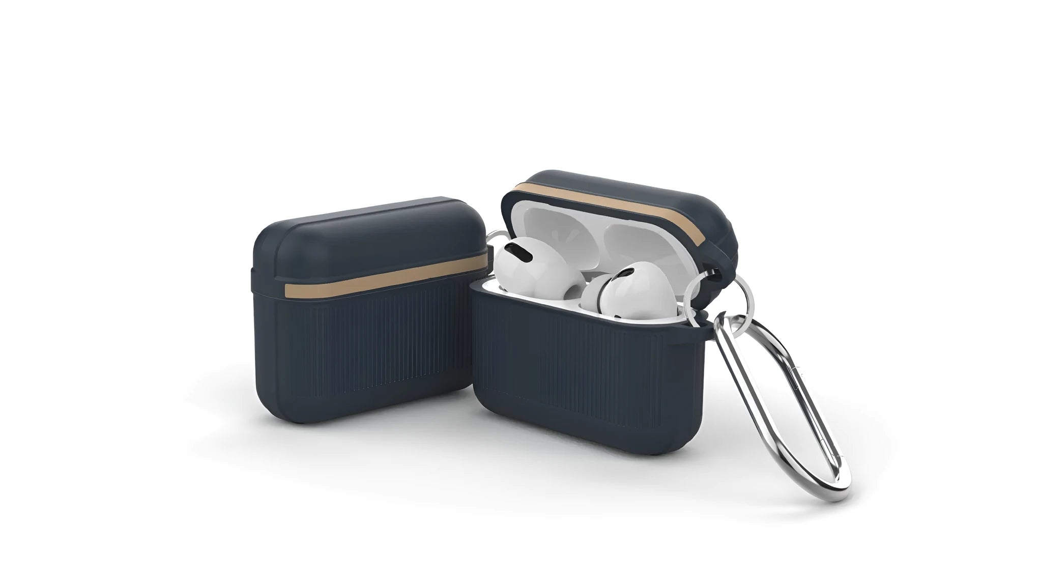 Beige silicone clamshell protective case for Apple AirPods with a metal buckle.
