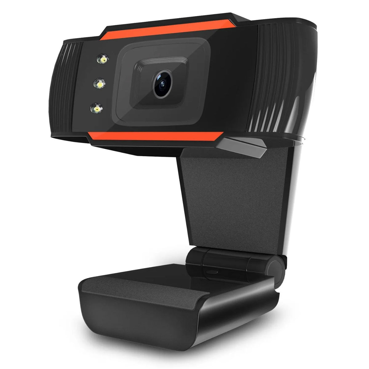 Black USB webcam with LED fill light on a desktop computer, showing built-in light ring and compact ABS housing