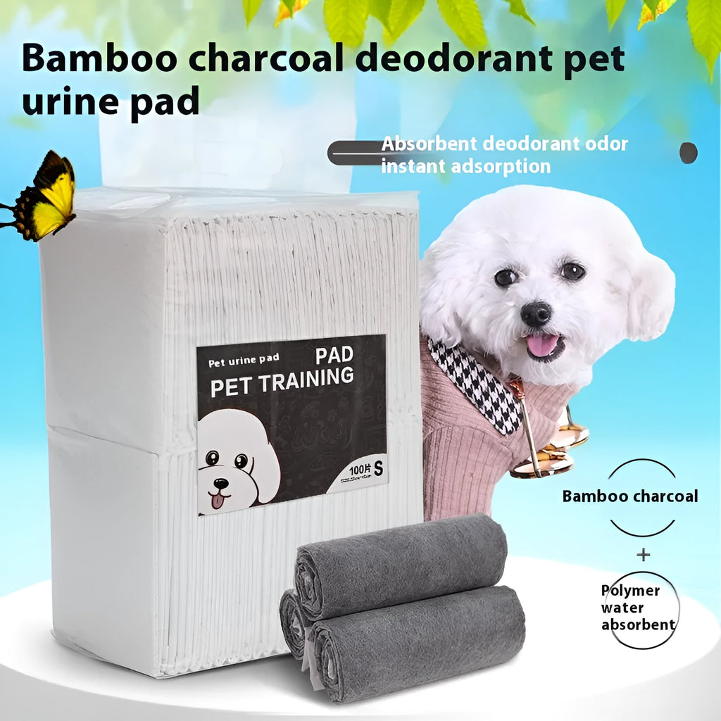 Pack of pet urinal pads showing bamboo charcoal variant in multiple sizes for dogs and cats