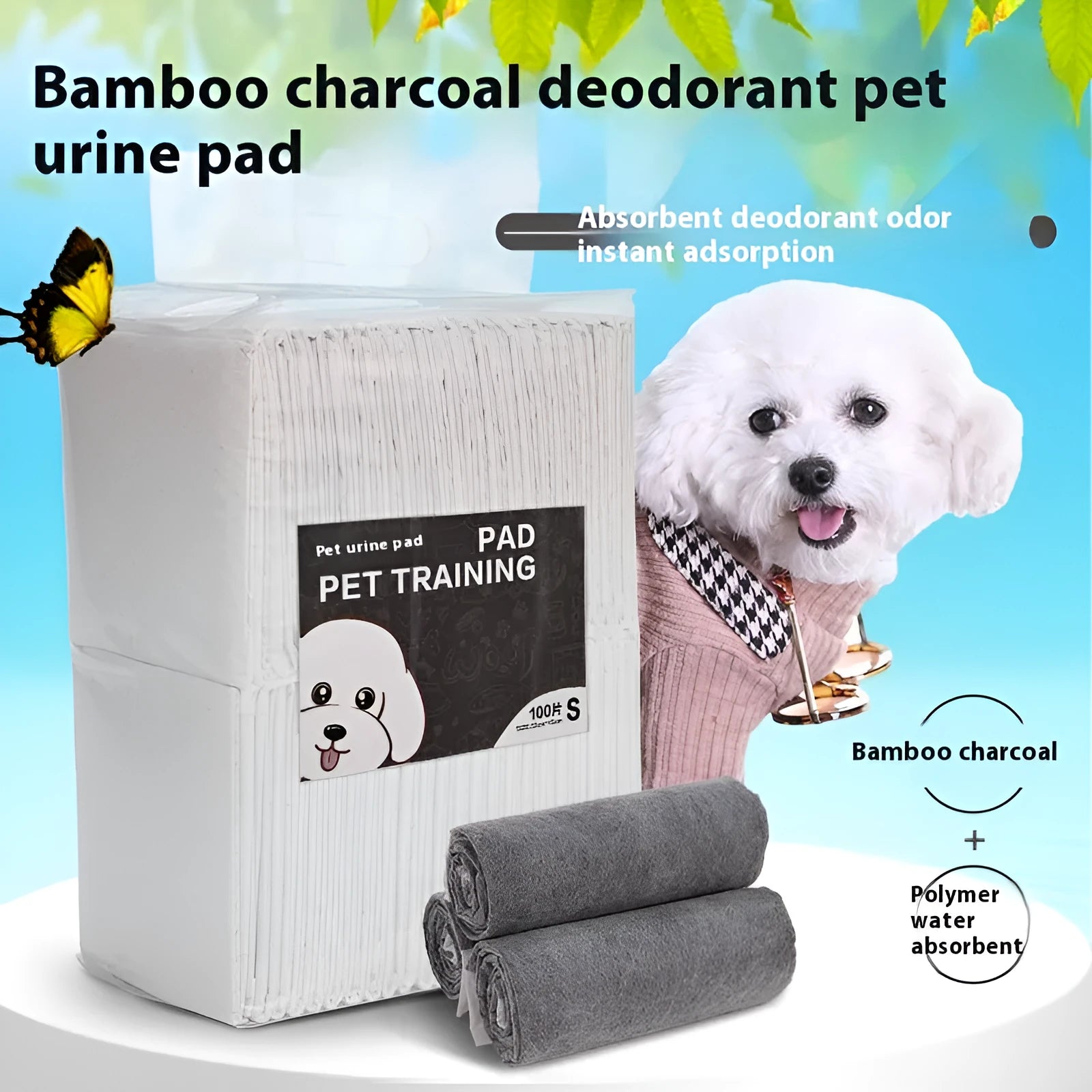 Pack of pet urinal pads showing bamboo charcoal variant in multiple sizes for dogs and cats