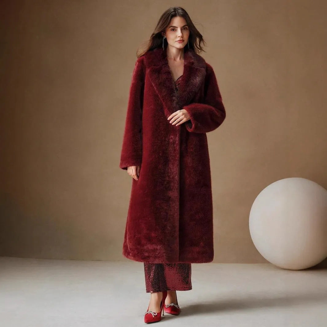 Women's longline faux fur coat in wine red or camel colour, 100cm length