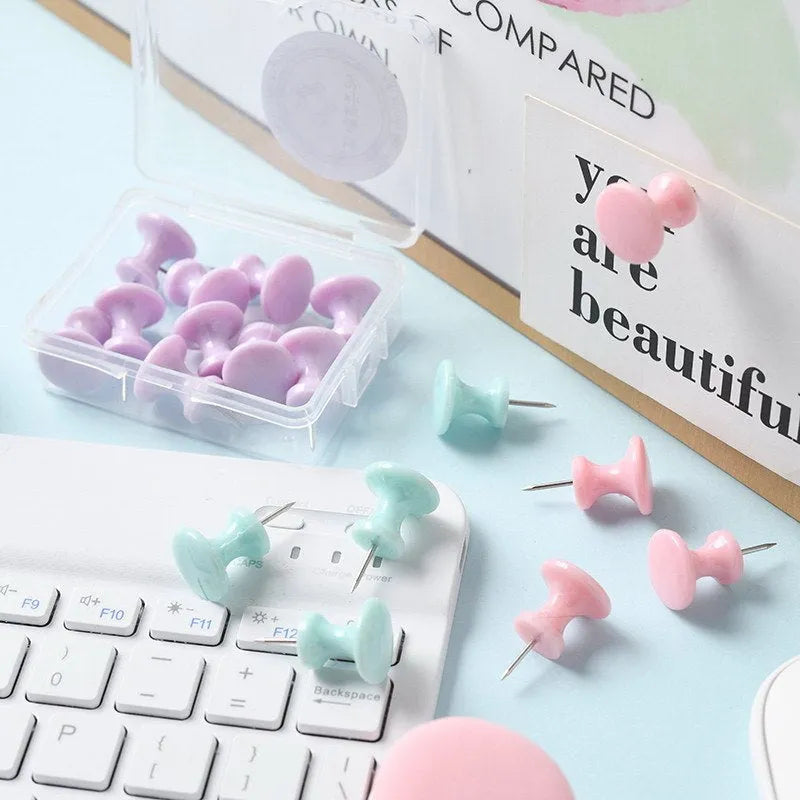 Macaron colour plastic push pins in large and small sizes including cherry blossom pink, mint green and lavender options
